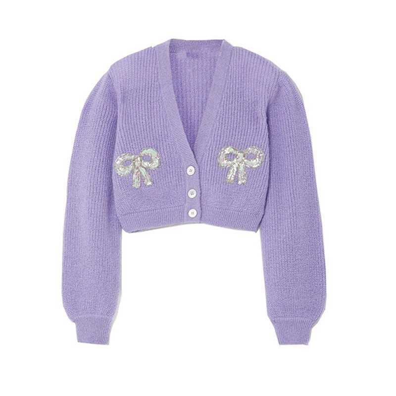 Yedinas Korean Style Cropped Cardigan Harajuku Sexy Short Sweater Women V-neck Lantern Sleeve Purple Cardigans Ladies Bowknot 210527