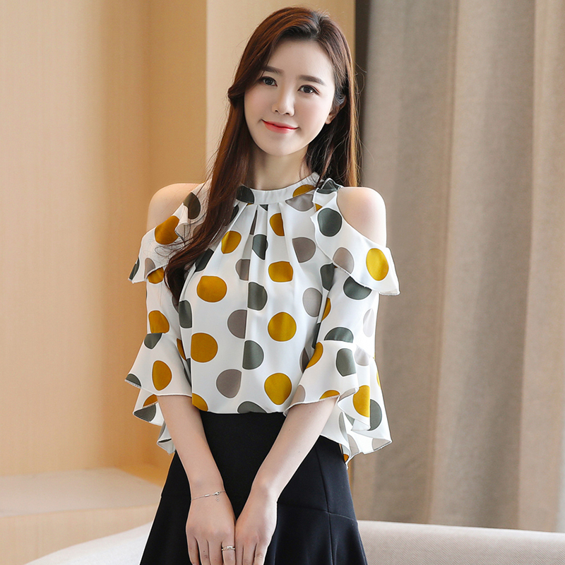 Blusas Mujer De Moda Summer Korean Style Women's Blouse Short Sleeve Bottoming Shirt Polka Dot Off-Shoulder Tops 9023 50 210225