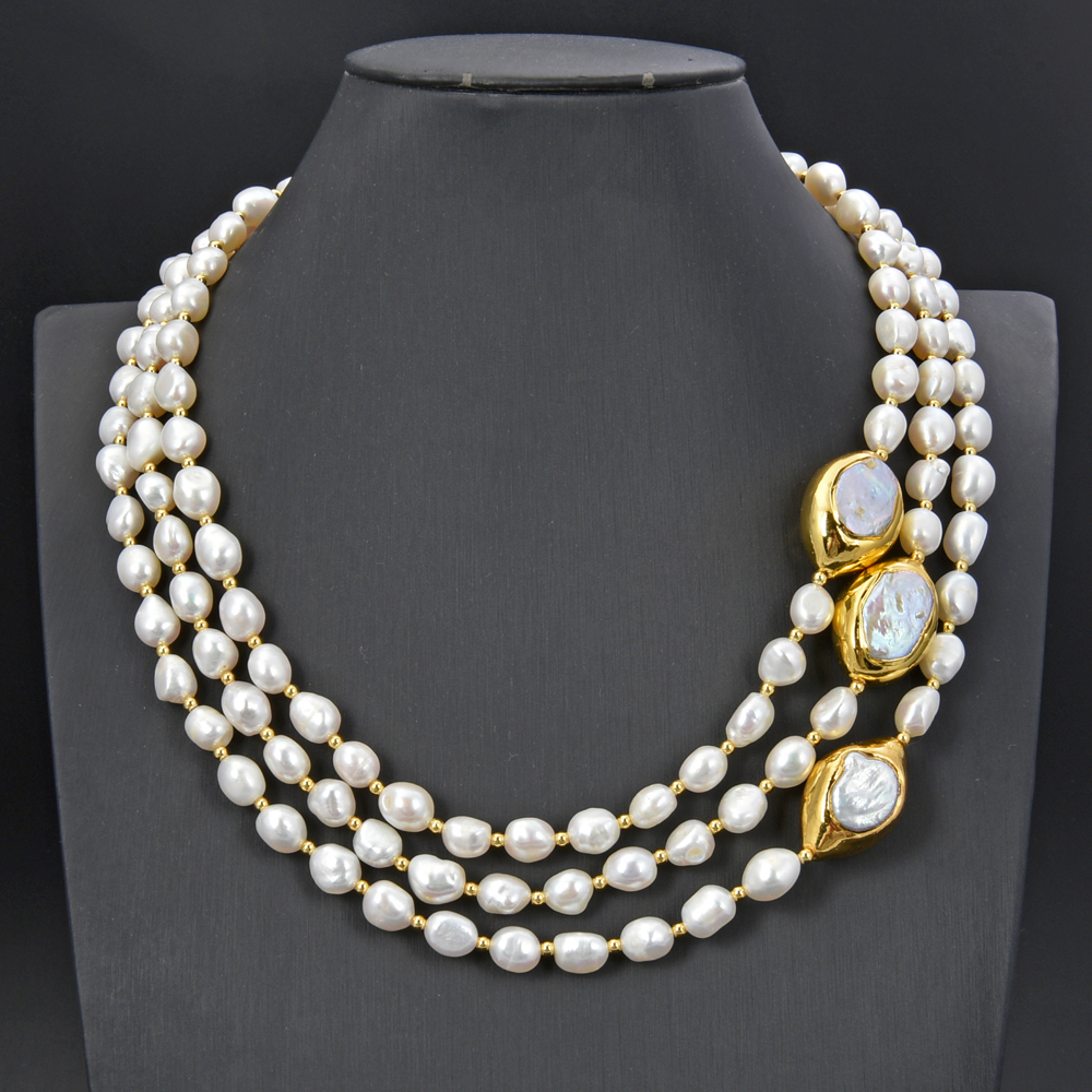 GuaiGuai Jewelry 3 Rows Cultured Baroque Pearl Necklace Keshi Pearl Gold Color Plated Connector Chokers Luxury Wedding For Women
GuaiGuai Jewelry 3 Rows Cultured Baroque Pearl Necklace Keshi Pearl Gold Color Plated Connector Chokers Luxury Wedding For Women