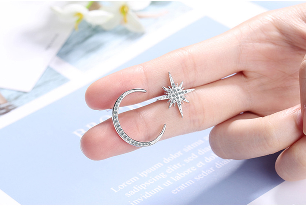 Real 925 Silver Stud Earrings For Girl Fashion Jewelry Wedding Gift Crystal Moon Star