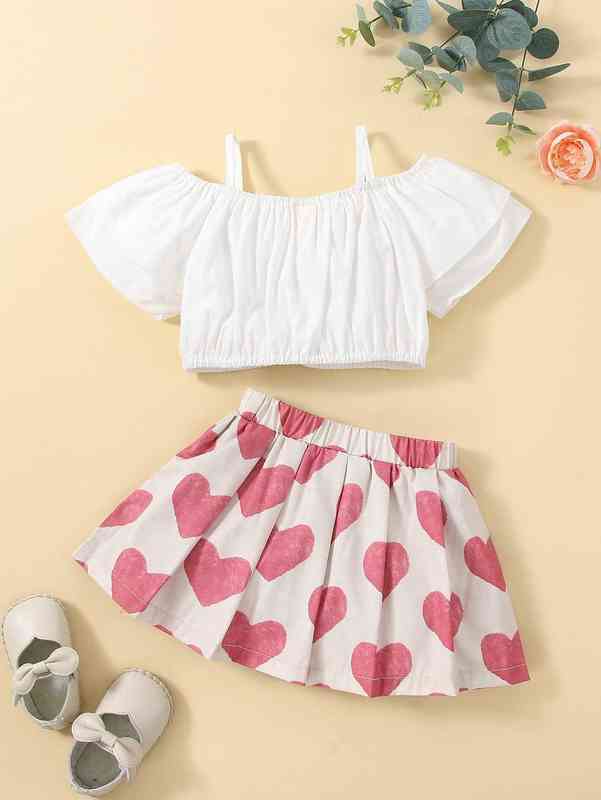 Baby Cold Shoulder Layered Sleeve Crop Top Print Skirt SHE