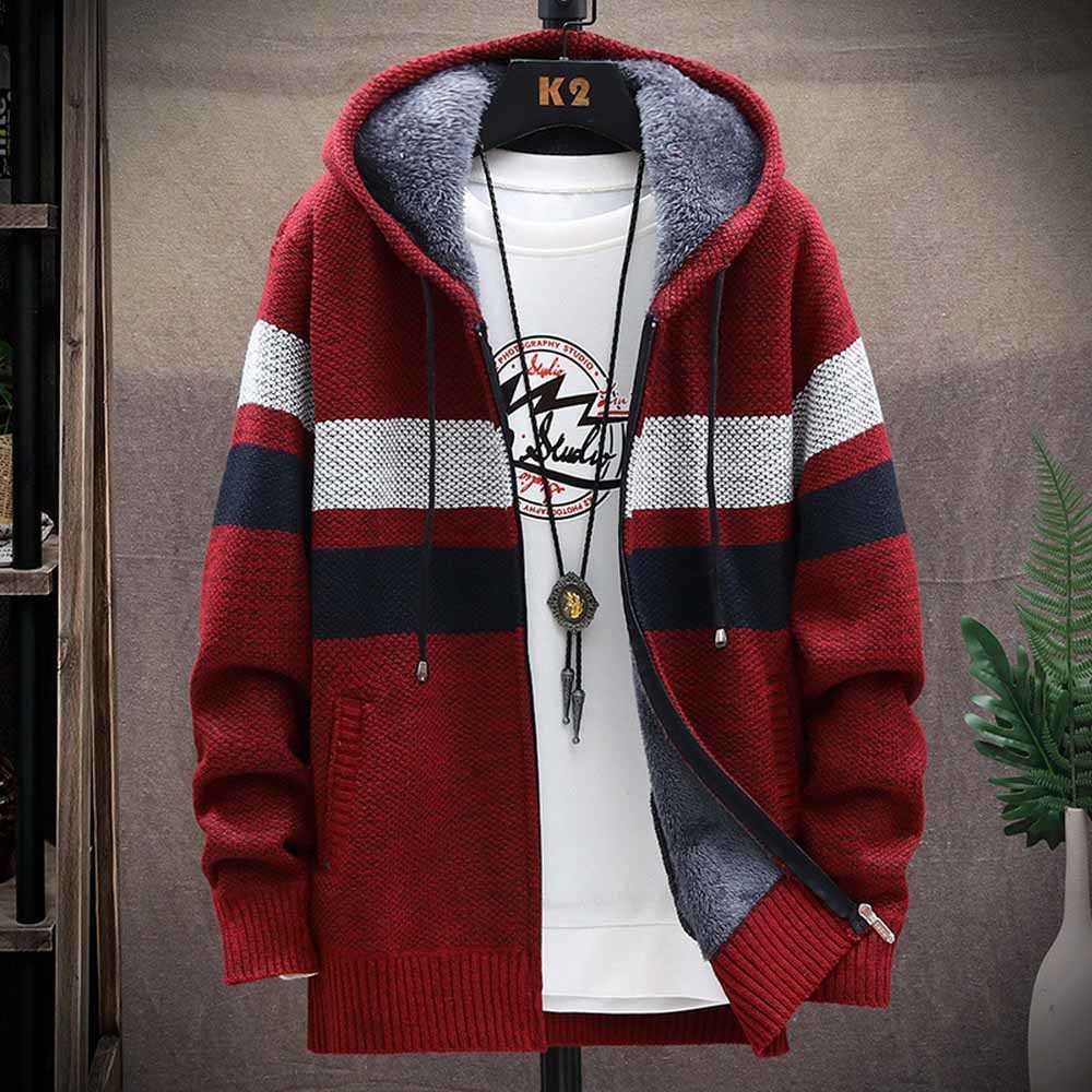 FALIZA Men's Striped Sweater Coat Thick Fleece Warm Zipper Wool Hooded Cardigan Jumpers Men Long Sleeve Knitted Sweaters XY110 210820