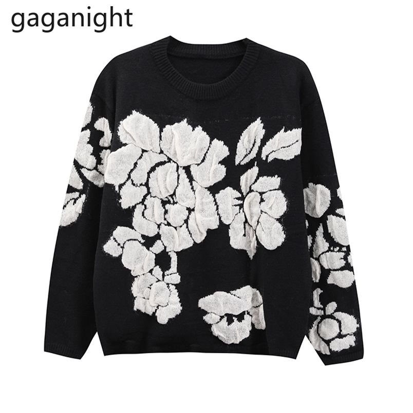 Fashion Vintage Floral Women Sweaters Japanese Casual Loose Flowers Pullover Autumn Winter Knitted Tops Pull Femme 210601