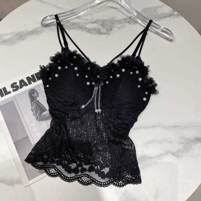 DEAT Women Three-dimensional Petal Pearl Lace Camis Arrivals Sexy Backless Temperament Fashion Spring Summer 11D914 210709