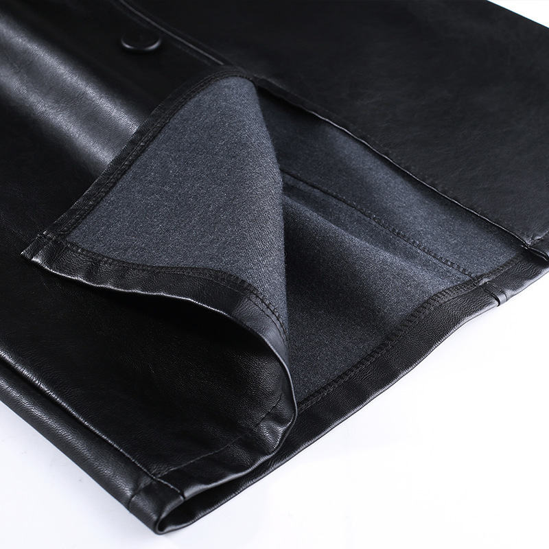 PU leather skirt women's long section new autumn and winter skirts high waist slim package hip skirt large size knee step skirt 210309