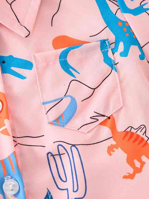 Baby Plant And Dinosaur Print Patched Pocket Shirt & Shorts SHE