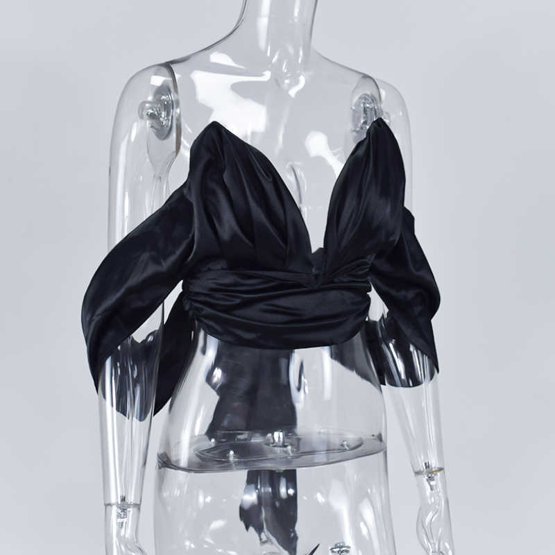 Colysmo Black Crop Top Women Summer Satin Tops White Sexy Off Shoulder Deep V-neck Cropped Vintage Bustier Cami Top 210625