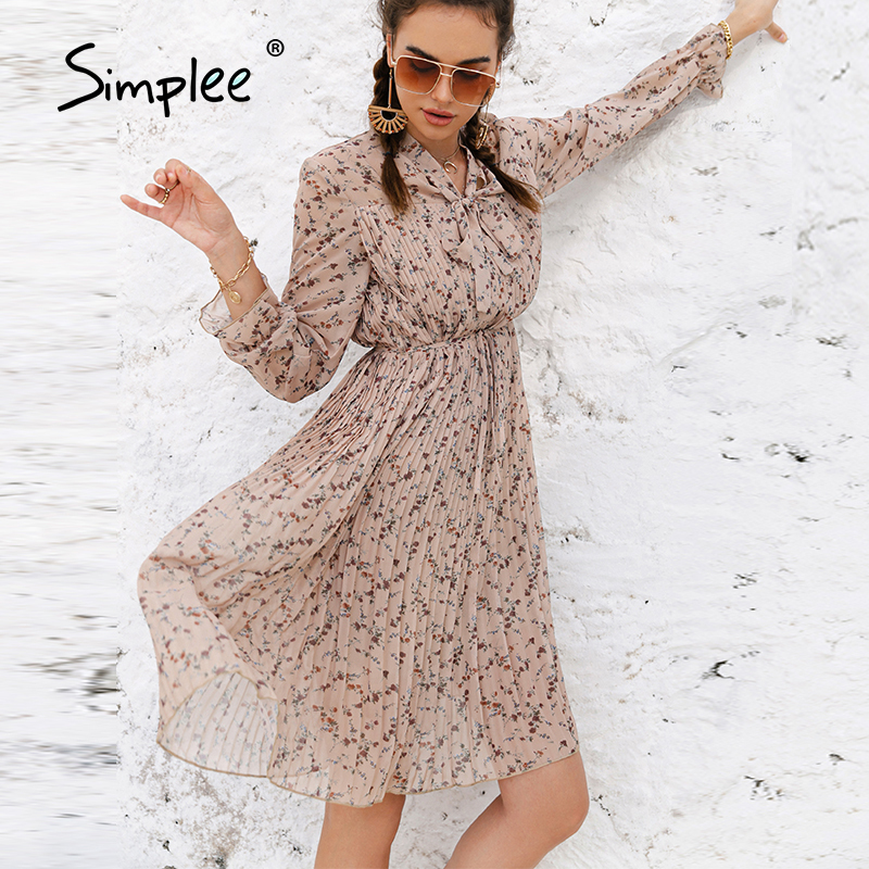 Simplee Elegant spring summer floral print midi dress women Ruffle sleeve bow sash pleated dress chic High waist dresses loose 210309