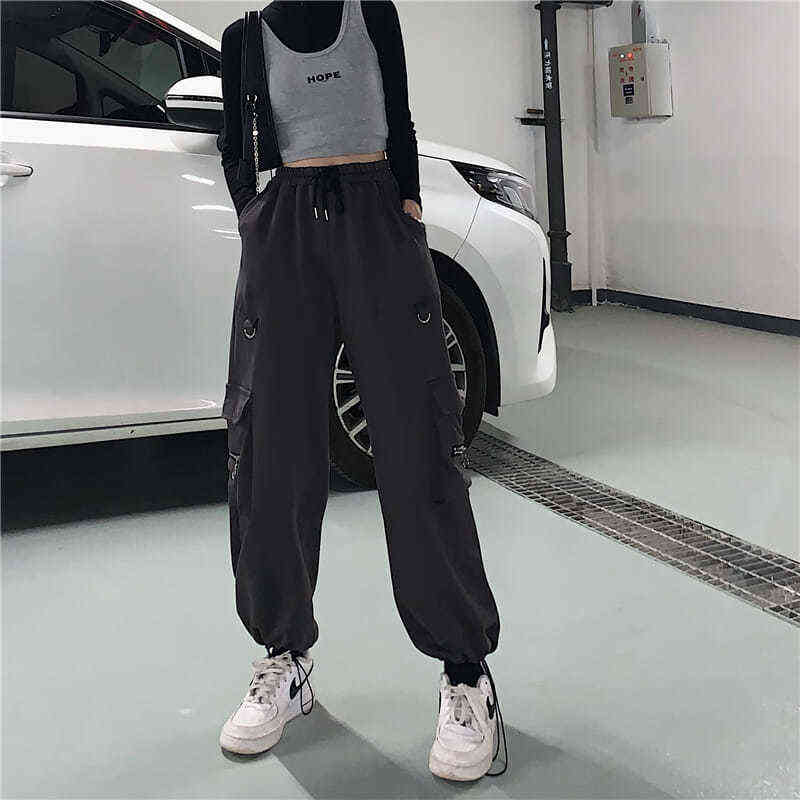 HOUZHOU Techwear Black Cargo Pants Women Hippie Streetwear Punk High Waist Korean Style Oversized Trousers Female Sweatpants 211112wtt