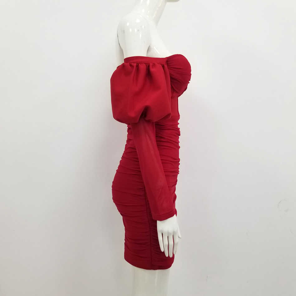 Summer Fashion Women's Red Skinny Strapless Folded Puff Sleeve No Bandage Dress Mini Sexy Celebrity Party 210525