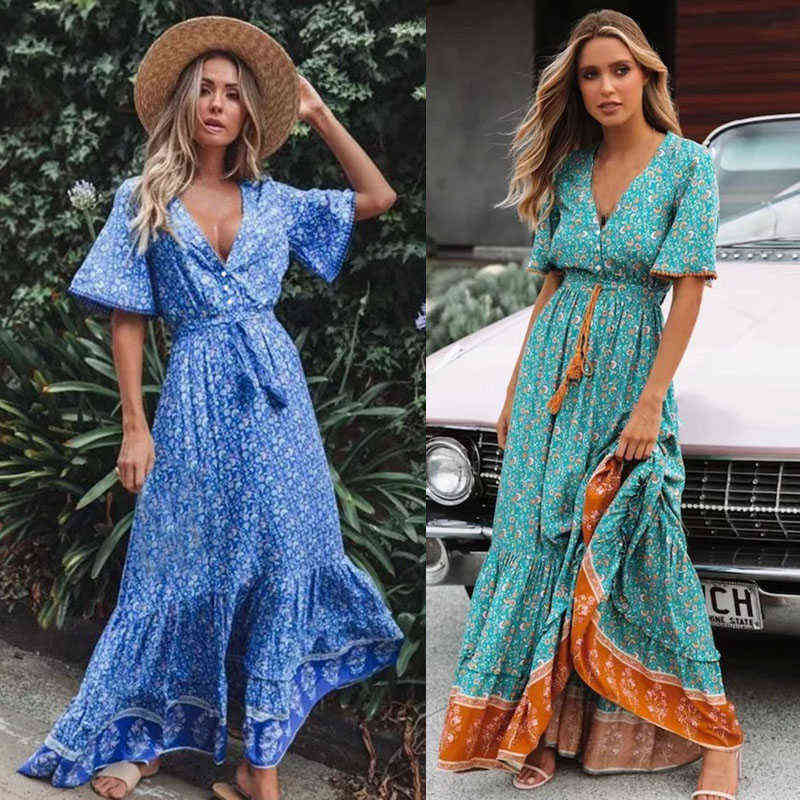 Retro Maxi Dress Women Summer Short Sleeve V neck High waist Dress Floral Print Boho Beach Long Dress G1223, Royal blue
Retro Maxi Dress Women Summer Short Sleeve V neck High waist Dress Floral Print Boho Beach Long Dress G1223, Royal blue