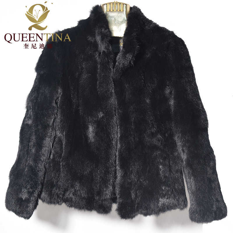 High Quality Real Fur Coat Fashion Genuine Rabbit Overcoats Elegant Women Winter Outwear Stand Collar Jacket 210928