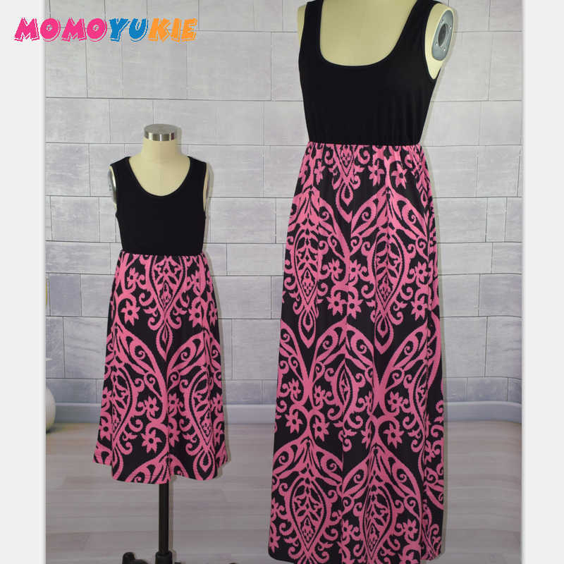 mother daughter dress family matching outfits Neon Coral Black Damask Maxi Dress baby girl summer mommy and me clothes dresses 210713