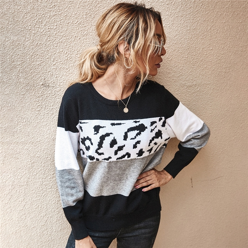 Autumn Winter Women's Sweaters O-Neck Loose Knitted Jumpers Long Sleeves Leopard Splice Sweater Oversize Ladies Pullover Tops 210218