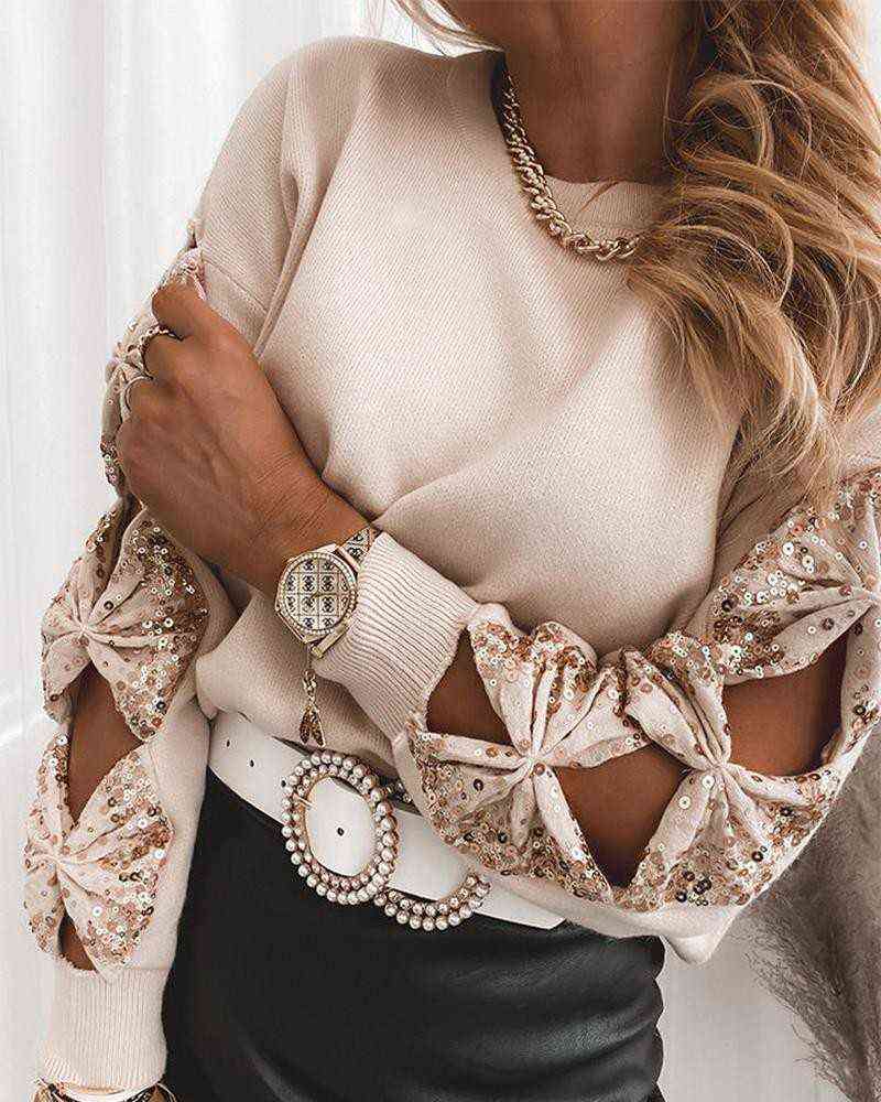 Autumn Elegant Shirt Top Trendy Sequin Bowknot Cutout Long Sleeve O-Neck/Halter Fitting Knitted Wild T-Shirt for Women Ladies Y211125