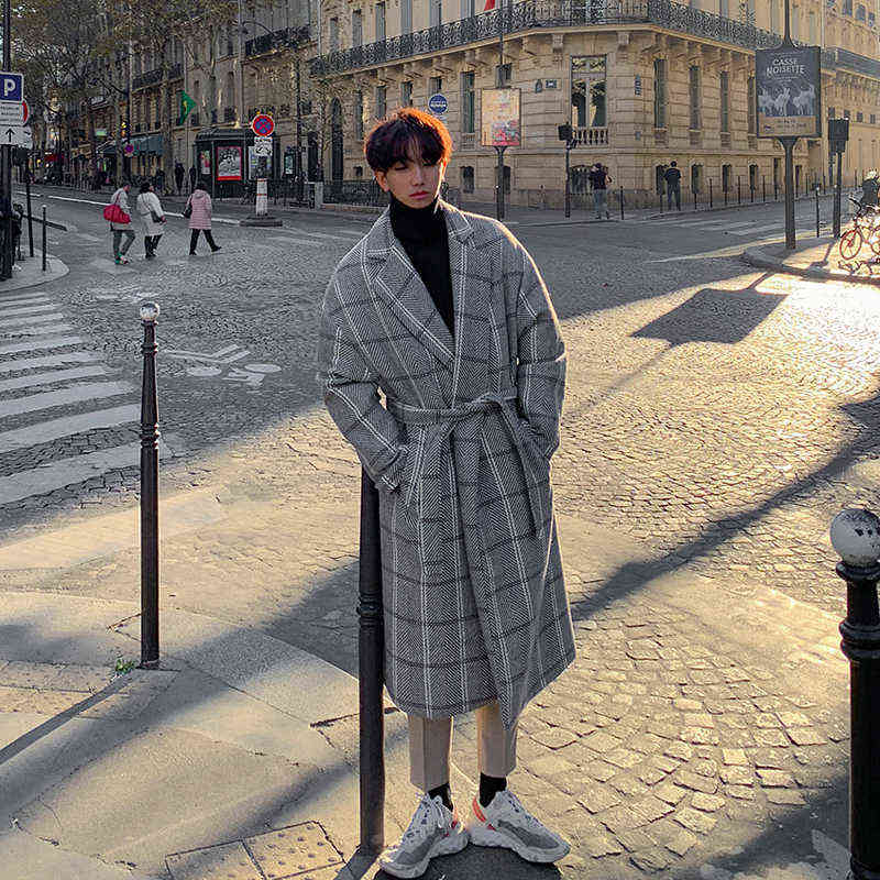 IEFB /men's wear autumn winter plaid print long coat Korean style trendy mid-length woolen coat couple bandage waist 9Y3829 211122