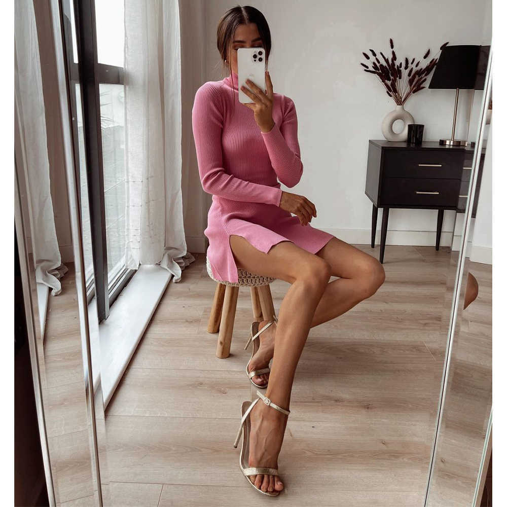Women Knit Dress Long Sleeves High-Neck Elastic Mini Dress Fashion Elegant Chic Lady Slim Fitted Woman Dresses 210709
