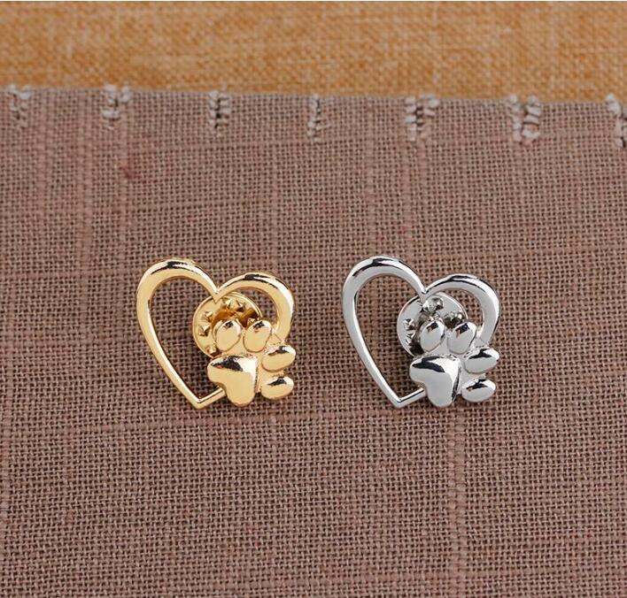 Silver Gold Color Love Heart Paw Lapel Pin Pet Paw Print Pet Loss and Pet Memorial Pins Jewelry Dog Cat Lover Gifts GC77