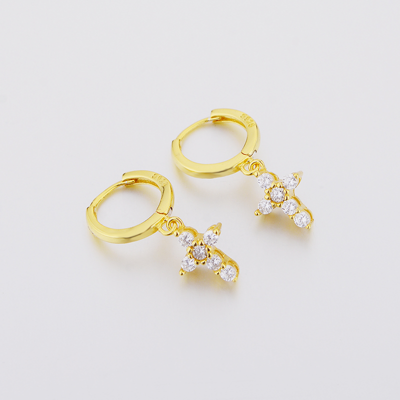 Women Authentic Fashion 925 Sterling Silver Gold Colors Luxury Crystal Cross Dangle Hoop Earrings Girls Round Earrings Jewelry Gift