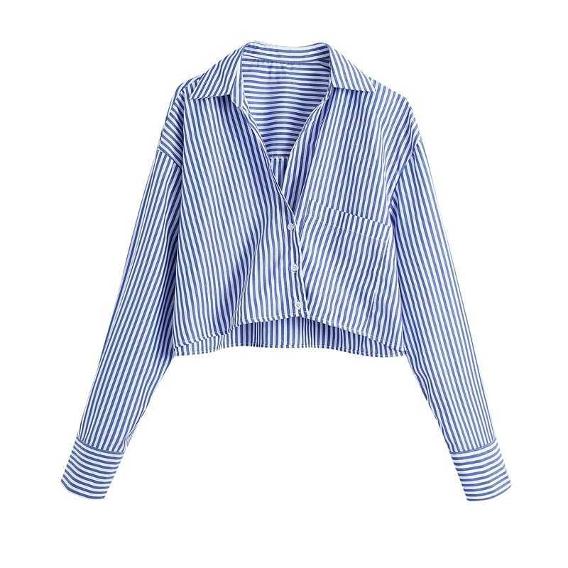 Casual Striped Puff Sleeve Blouse Pocket Turn Down Collar Loose Crop Shirts Women Spring Sreet Style Tops 210525, Blue
Casual Striped Puff Sleeve Blouse Pocket Turn Down Collar Loose Crop Shirts Women Spring Sreet Style Tops 210525, Blue