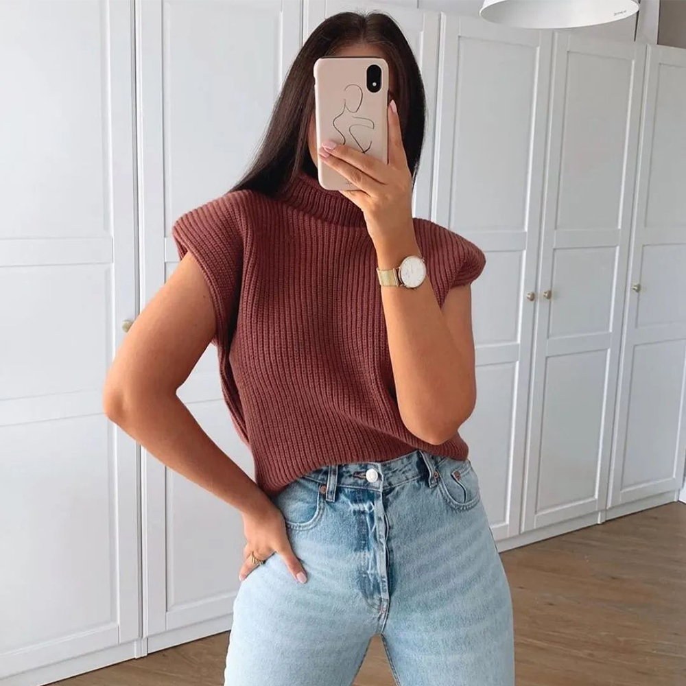 Fall Winter New Women Knit Sweater Vest Wide Shoulder Pads Sweater Women Pullover High Street Warm Knitted Tank Tops 210218