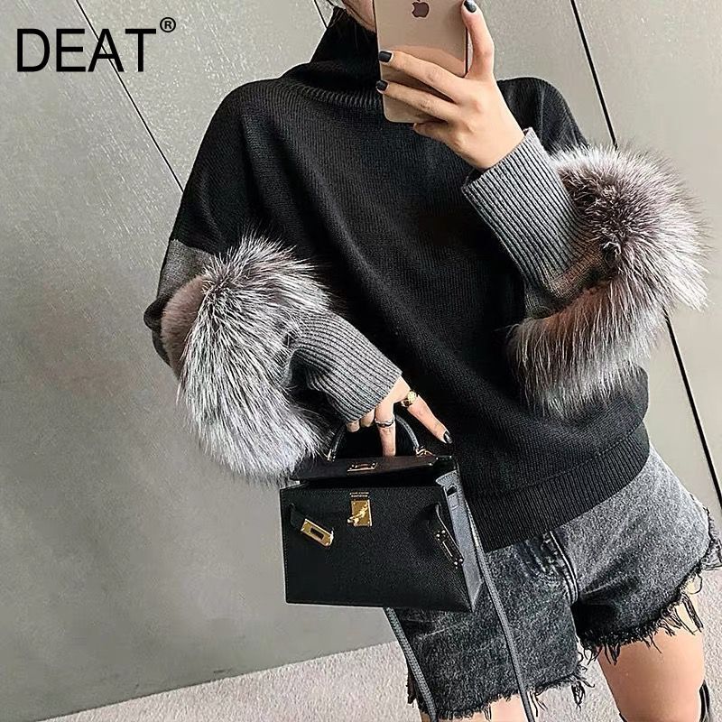 DEAT 2021 new autumn and winter knits turtleneck flare sleeves ribbit fur high quality knitting sweater mohair top WO24101L 210218