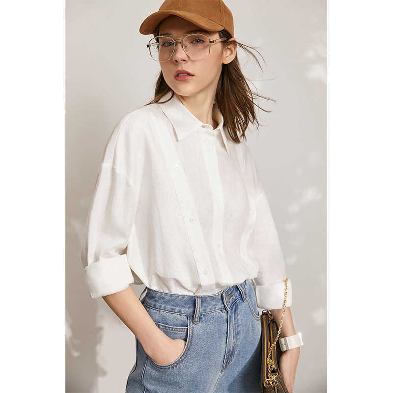Minimalism Spring Summer Women's Tops Offical Lady 100%Linen Irregular Hem Female Blouse Causal Women Shirt 12170022 210527