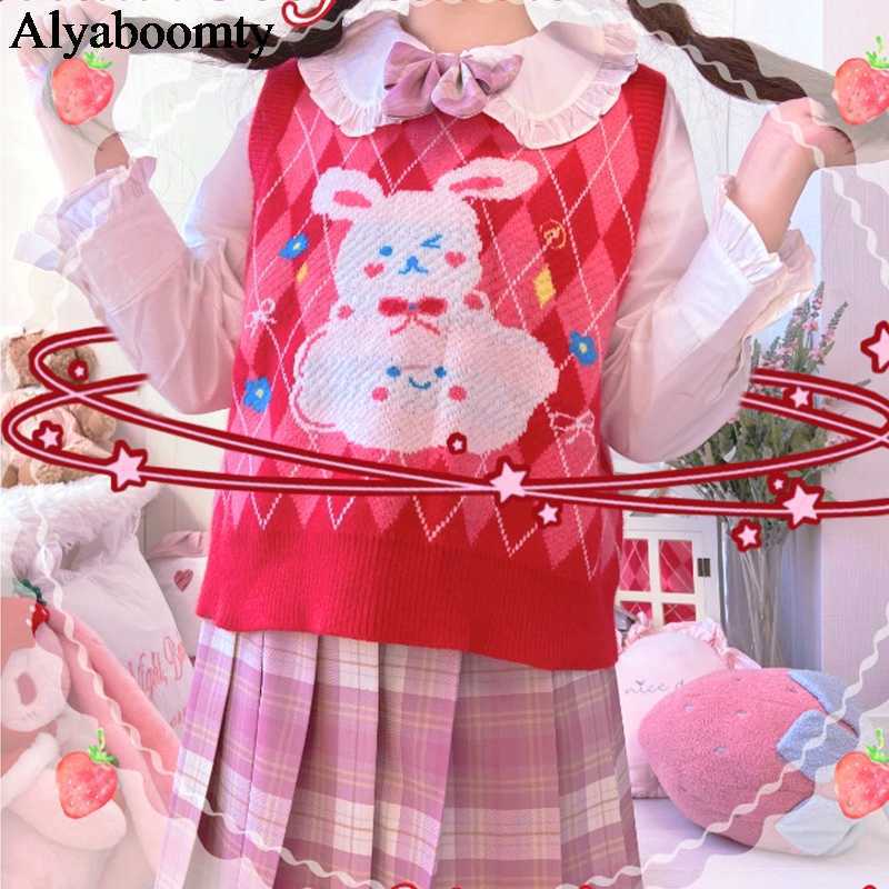 Japanese Preppy Style Autumn Winter Sleeveless Women Sweater Bunny Floral Anime Knitted Vest Cute Kawaii Christmas Red 210819