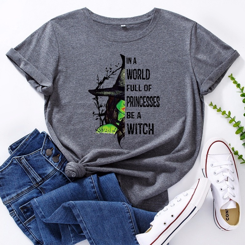 JCGO Fashion Summer T Shirt Women Plus Size 5XL Cotton Halloween Witch Print Female Short Sleeve Tshirts Casual Lady Tops Tee 210306