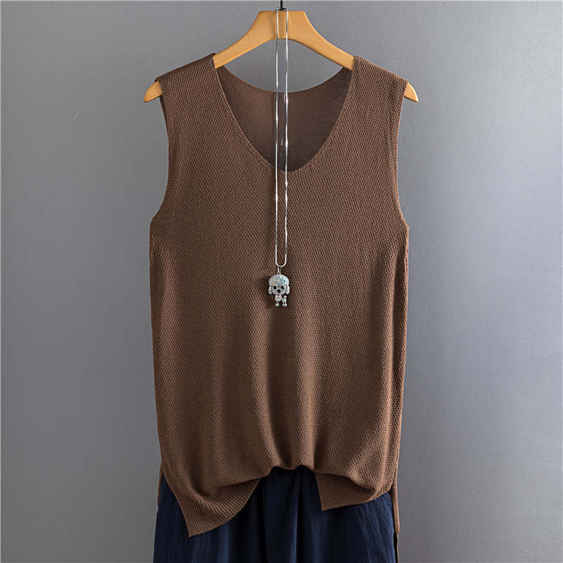Top Women Summer Sleeveless Knit Sexy Tank Rib Vest Female Elasticity Casual Loose Plus Size Camisole V Neck Split Tops 210308