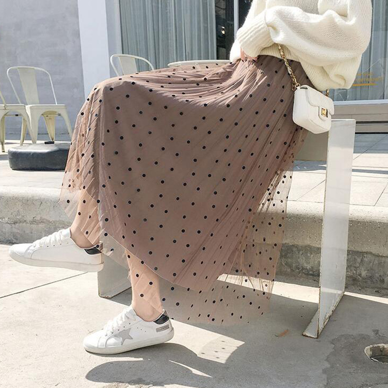 TIGENA Reversible Tulle Velvet Skirt Women Fashion Spring Elegant Polka Dot Long Skirt Female High Waist Pleated Midi Skirt 210306