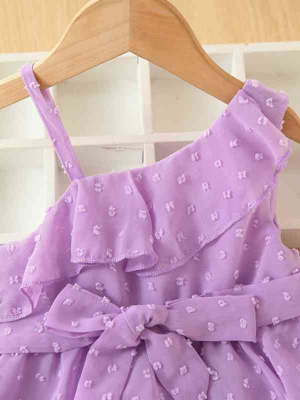 Baby Swiss Dot Asymmetrical Neck Layered Hem Belted Dress SHE