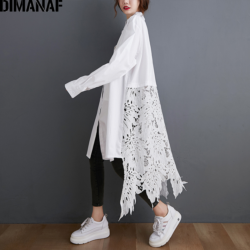 DIMANAF Plus Size Blouse Shirts Women Clothing Fashion Lace Floral Elegant Lady Tops Casual Loose Long Sleeve Button Cardigan 210225