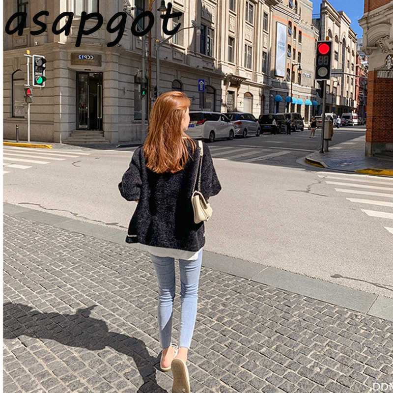 Asapgot White Mink Cashmere Sweater Coat Women Autumn Winter Lazy Style Korean Retro Black Loose O Neck Knitted Cardigan Fashion 210811