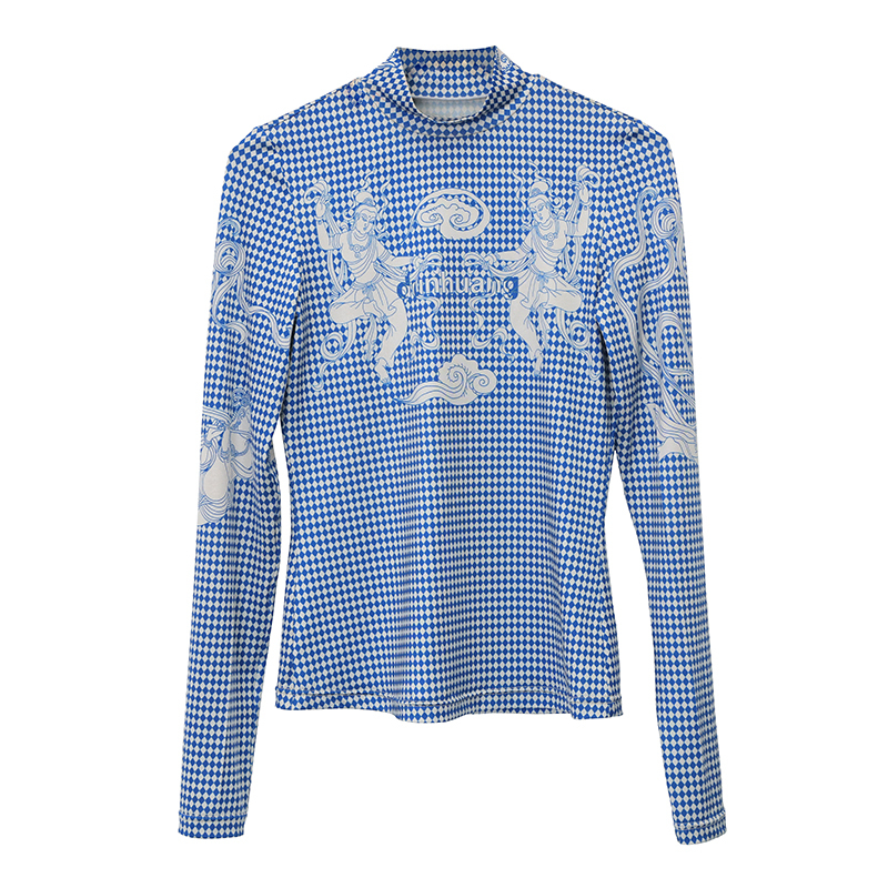 CHEERART Vintage T Shirt Blue Plaid Floral Print Long Sleeve Top Turtleneck Tee Shirt Femme Tight Top Fine Arts Style 210302
