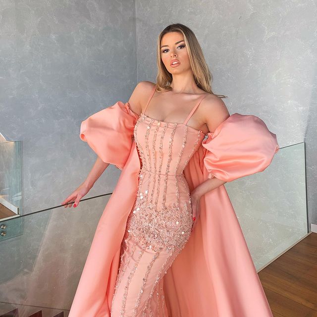 Aso Ebi 2021 Arabic Blush Pink Sheath Evening Dresses Stylish Beaded Crystals Prom Dresses Satin Formal Party Second Reception Gowns ZJ215