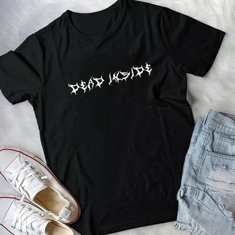 Dead Inside Letter Printed Woman Tshirts Grunge Tumblr Gothic Short Sleeve Cotton Graphic Oversized Tshirts Tops Women Clothes 210302