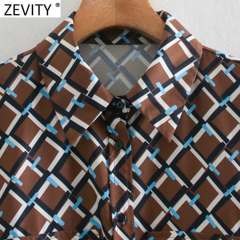 Zevity Women Vintage Contrast Color Geometric Print Breasted Shirt Mini Dress Ladies Pocket Patch Chic Sashes Vestido DS4762 210603
