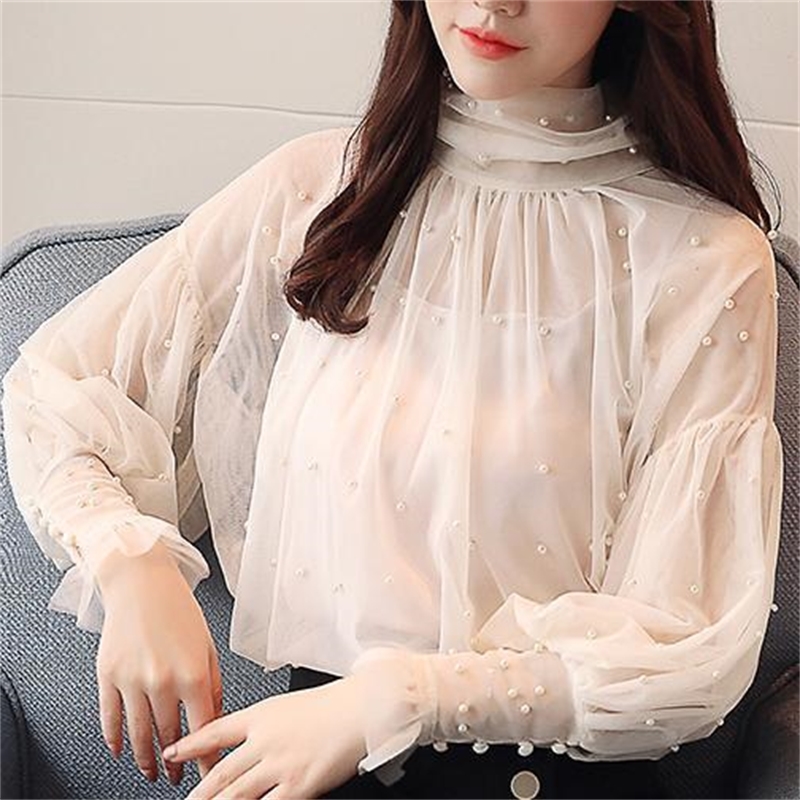 Plus Size 2XL Women Top lantern Sleeve Autumn Spring Blouse Beading Elegant Blouse Chiffon Pearl Shirt T200322