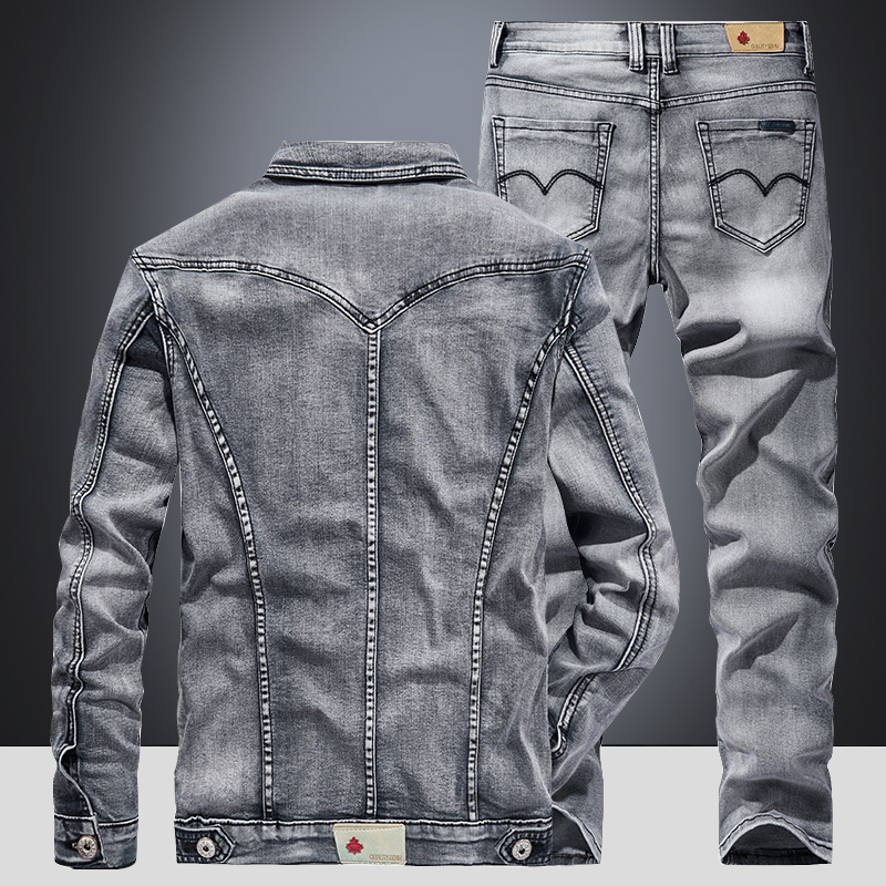 Business Casual 2pcs Men's Pant Sets Simple Design Long Sleeve Denim Jacket and Jeans Spring Autumn Slim-fit Stretch Male Clothing
