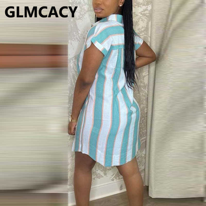 Short Sleeve Striped Button Down Mini Dress Casual Summer Shirt Dresses 210702