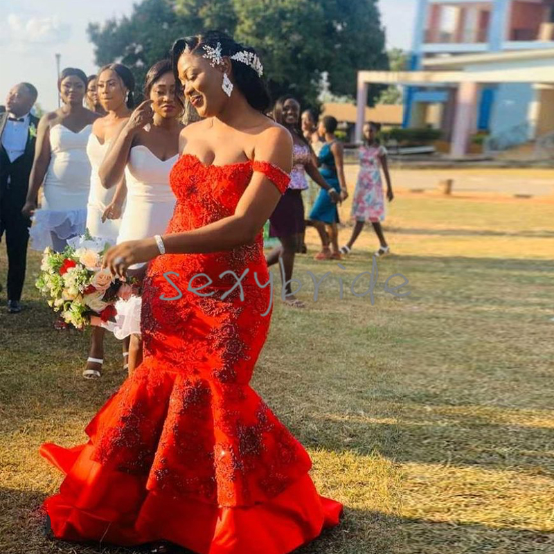 Plus Size Red Mermaid Lace Dresses Off Shoulder New Africa Beading Tiered Bridal Gown Satin Wedding Dress Reception Second Wear