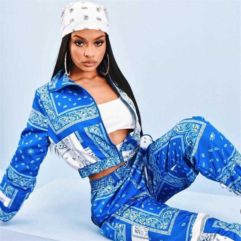 Bandana Print Two Piece Set Causal Paisley Print Long Sleeve Zippers Short Jacket Tops Jogger Pants Suit Outfit Street Tracksuit Y0625