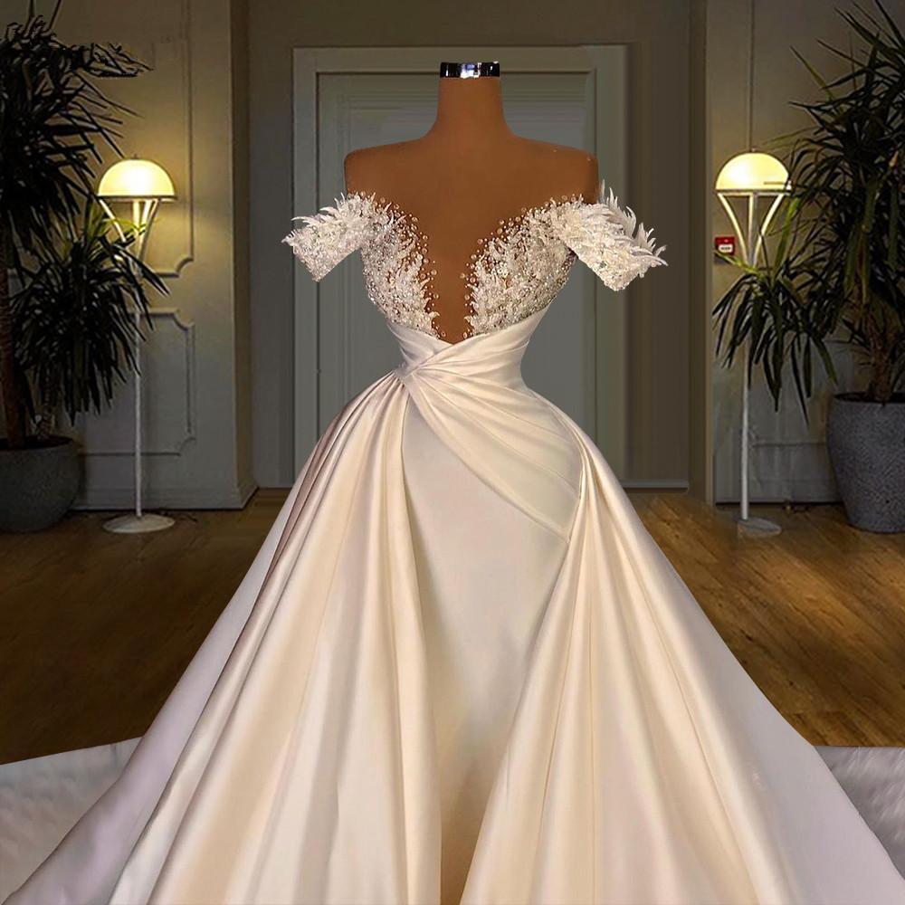 NEW White Mermaid Wedding Dresses Bridal Gowns Off The Shoulder Princess Vestido Beads Brides Robe De Mariage