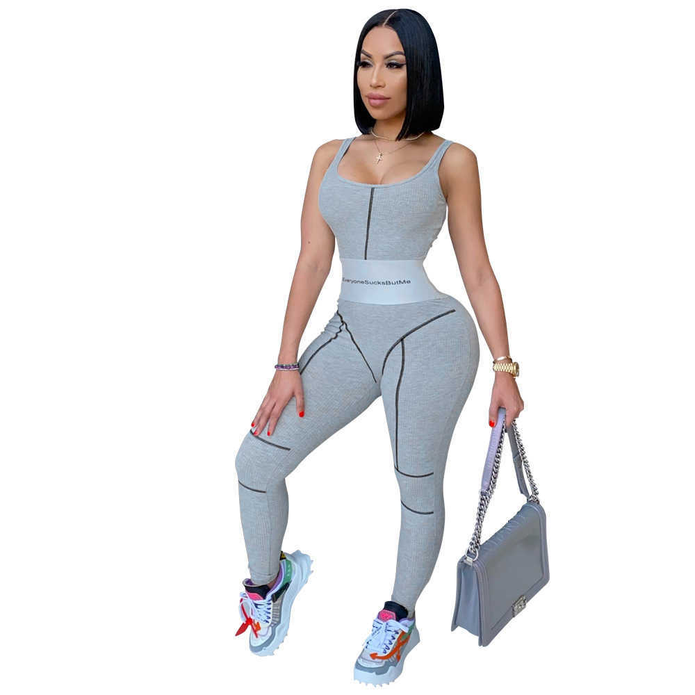 Letter Striped Patchwork Sleeveless Vest Romper Casual Knit Ribbed Bodycon Jumpsuit Sexy Backless Party Night Clubwear 210604
