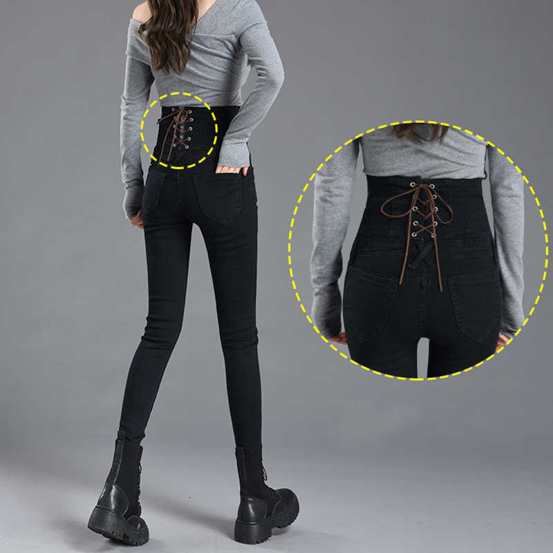 High Waist bow tie abdomen Bottom Jeans Women Buttons Skinny Femme Trousers Slim Streetwear Pencil Denim Pants 210922