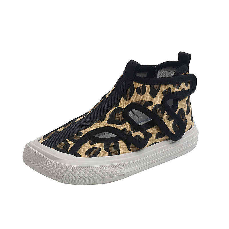 children autumn and spring canvas shoes high top girls fashion leopard shoes boys breathable lattice hollow sneakers G220308