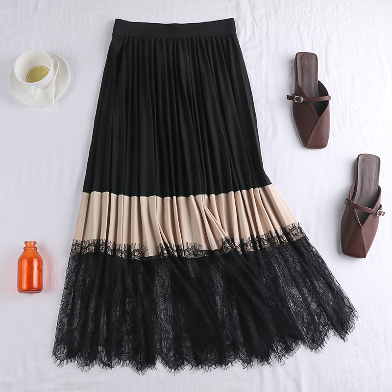 Spring Autumn Elegant Patchwork Lace Skirt Women Vintage Panelled Striped High Waist Skirts Slim Pleated Party Skirts Mw870 210306