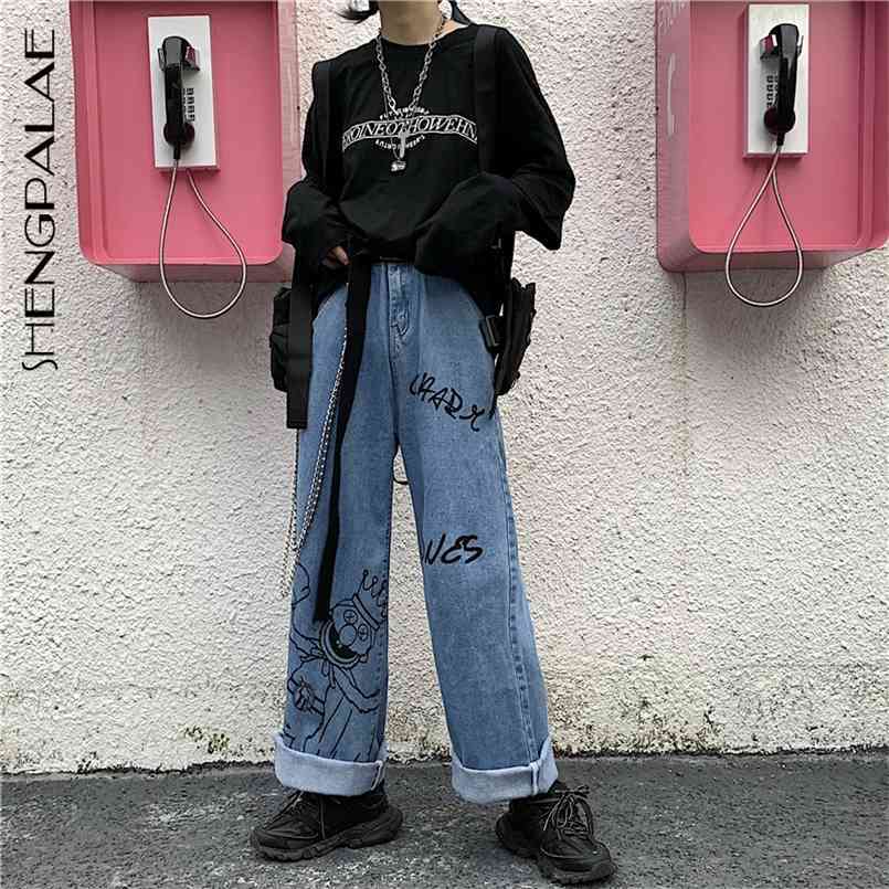 SHENGPALAE Summer Casual Jeans Woman Long Trousers Cowboy Female Loose Streetwear Cartoon Print Wide Leg Pants ZA4911 210809