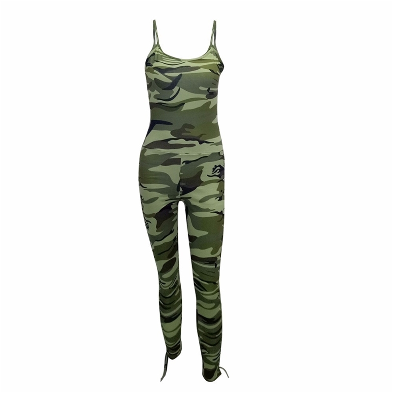 Straps Camouflage Print Side Lace UP Skinny Jumpsuits Overalls Summer Women Fashion Casual Bodycon Bandage Sexy Rompers T200509